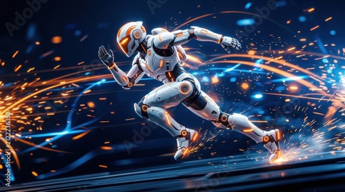 Futuristic humanoid robot running fast with energy effects embodying AI power and sprinting at high speed