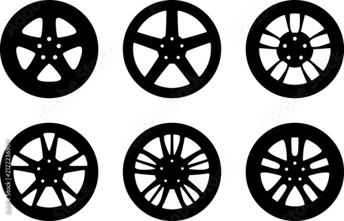 Set of Six Car Alloy Wheel Rim Silhouettes Isolated