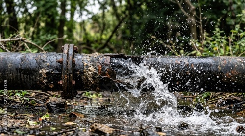 Water gushing from a burst pipe in main line - with spraying