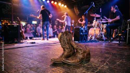 Live Country Music Festival Event with Cowboys in a Rustic Barn Setting featuring