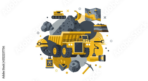 Mining Industry Concept Illustration with Heavy Machinery, Haul Truck, and Mineral Extraction Icons