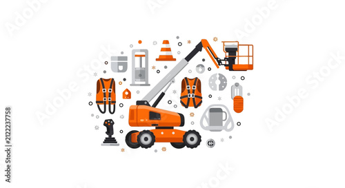 Industrial Telescopic Boom Lift and Safety Equipment Illustration with Fall Protection Harnesses, Traffic Cone, and Construction Gear for Work at Height Projects.