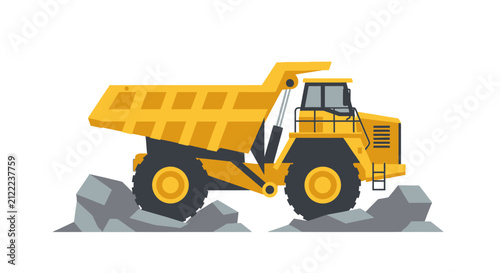 Yellow Heavy Duty Mining Dump Truck Illustration, Industrial Construction Vehicle Vector Graphic Isolated on White Background