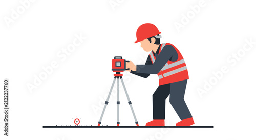 Construction Surveyor Using Laser Level on Tripod Flat Illustration - Professional Civil Engineer in Safety Gear for Building and Land Surveying Projects