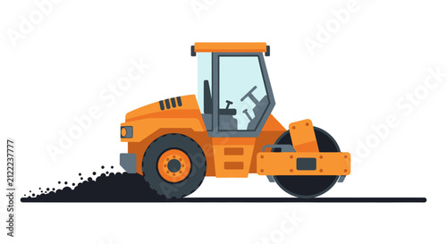 Orange Road Roller Machine Paving Asphalt, Flat Vector Illustration of Construction Vehicle for Infrastructure Projects