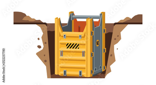 Industrial Trench Shield Excavation Shoring Box Illustration for Construction Safety and Ground Engineering