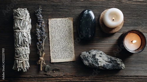 Sage lavender crystals candles and an old handwritten note on a dark wooden table