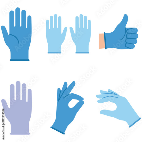 Set of blue medical gloves in various gestures and hand poses with protective