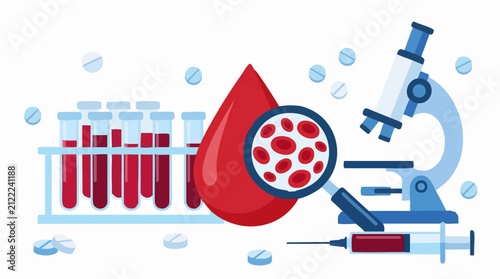 Foto Medical laboratory research with blood samples, microscope, and diagnostic tools