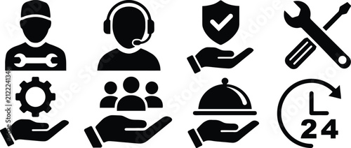 Set of black service icons representing customer support technical assistance maintenance security and twenty four hour availability for business
