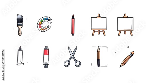 Minimalist office supplies and furniture icons set.