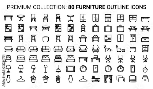 Furniture Outline Icons Editable Stroke Home Interior Vector Set