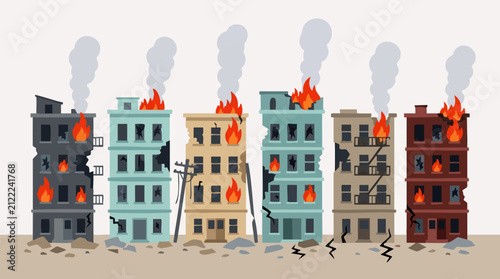 Bild auf Leinwand Row of heavily damaged and burning buildings with smoke, flat vector illustratio
