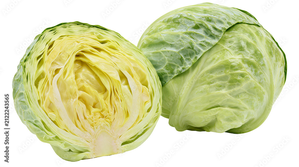 Fototapeta premium Fresh green cabbage one whole and one halved, isolated on transparent background
