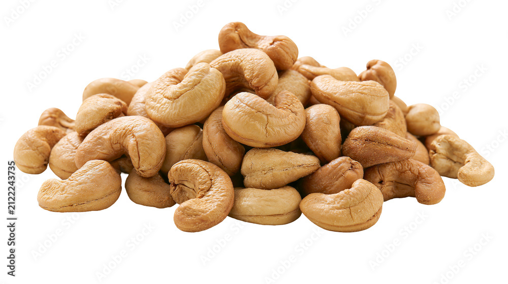 Fototapeta premium Heap of raw cashew nuts curved shape light brown color, isolated on transparent background