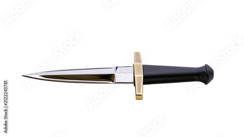 Fotografie Polished steel dagger with black handle and gold crossguard, isolated on transpa
