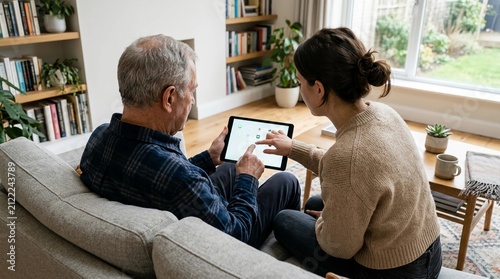 Young woman assisting her elderly father with modern digital tablet technology while sitting together on a comfortable sofa in a cozy home living room