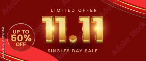 Luxury 11.11 Singles Day Sale Horizontal Web Banner with Premium Gold 3D Typography