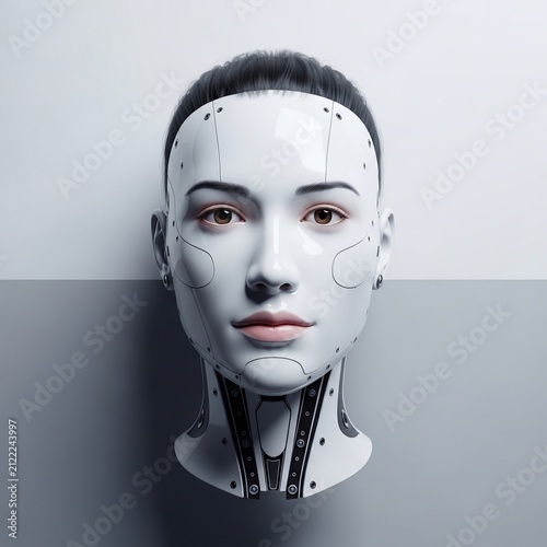 Ethereal android gaze, porcelain skin, subtle metallic neck detail, stark gray backdrop.