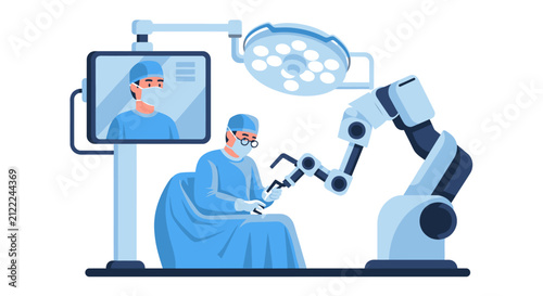 Surgeon Performing Robotic Surgery with AI Assistance and Telemedicine Support Vector Illustration