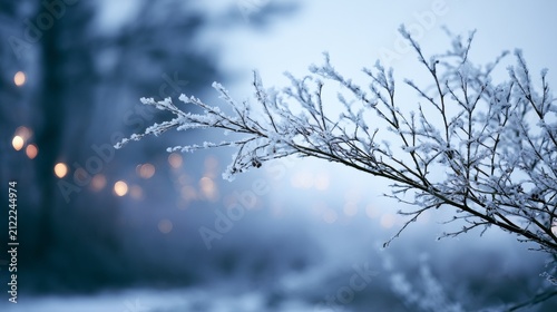Frost-covered branches in a serene winter landscape at dusk