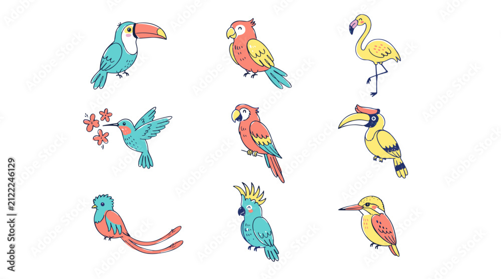 Obraz premium Collection of colorful tropical birds including toucan parrot flamingo and macaw