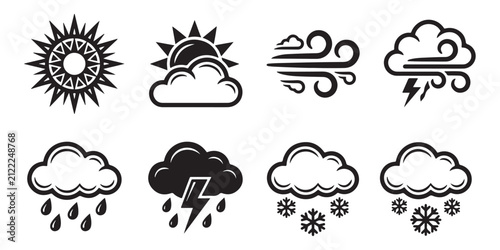 Bild auf Leinwand Weather icons collection presents a diverse set of meteorological symbols featuring sun, rain, snow, and storm motifs on white background