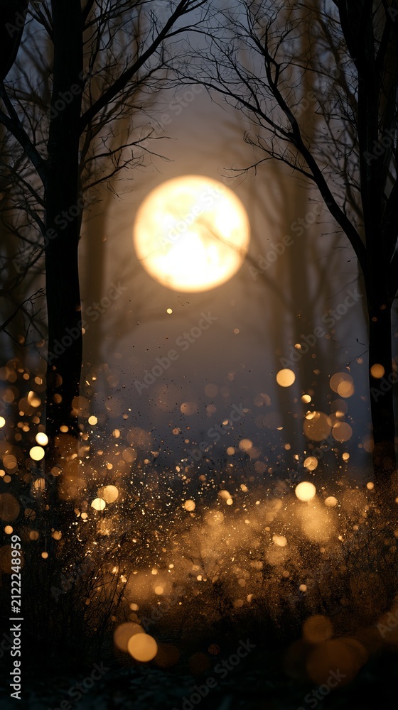 Fototapeta premium Mysterious forest with glowing lights under a full moon