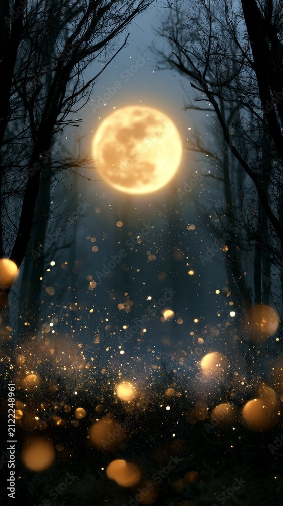 Fototapeta premium Mystical forest scene with full moon and glowing orbs