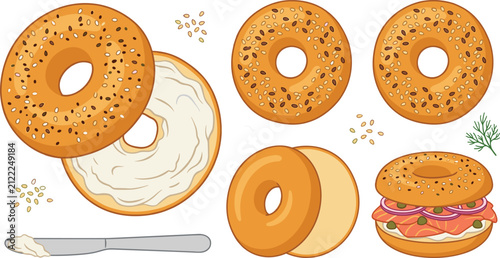 фотографія Bagel vector illustration set with cream cheese, everything bagel seeds, smoked salmon lox sandwich, plain bagels, and spreading knife isolated on white background