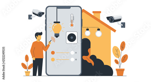 Smart Home Automation Concept with Man Controlling Security, Lighting, and Temperature via Smartphone App