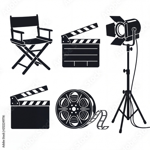 Collection of film production equipment silhouettes vector icons representing cinema and movie industry concepts isolated on white background