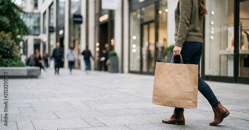 Anonymous customer carrying a plain kraft paper shopping bag with face completely outside the frame, modern retail background and spacious copy space for commercial branding projects
