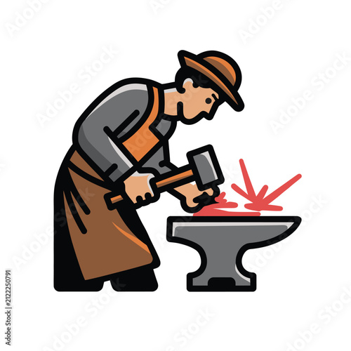 Blacksmith Forging Metal with Hammer on Anvil Vector Illustration with White Background.