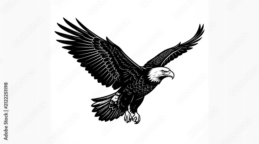 Fototapeta premium Black and white illustration of an eagle in flight, transparent background.