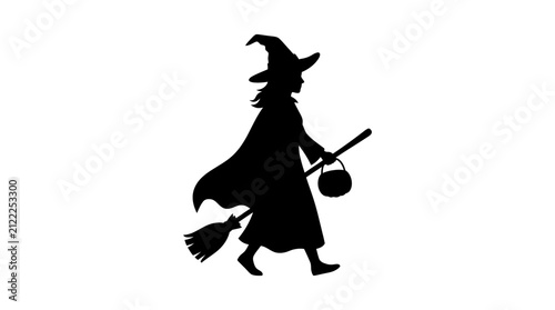 Obraz na płótnie Walking witch with broom and bucket black silhouette sorceress