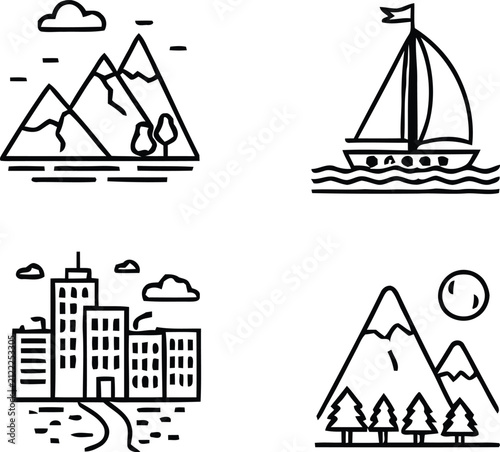 Minimal Landscape and City Line Icons Set with Mountains Sailboat Skyline and Nature Outline Vector Collection for Travel Map Navigation and Outdoor Design