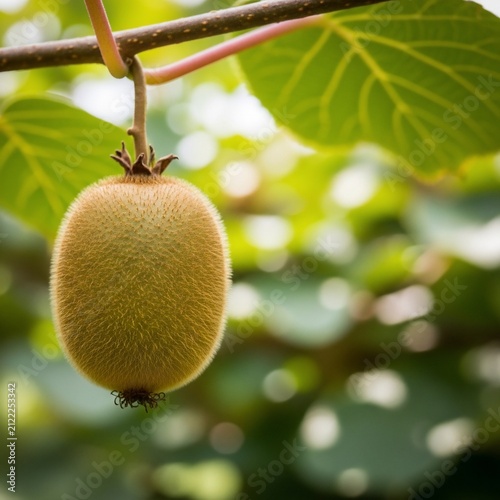 Fuzzy kiwi fruit hangs on a sun-dappled branch, lush green leaves blurred in soft focus.