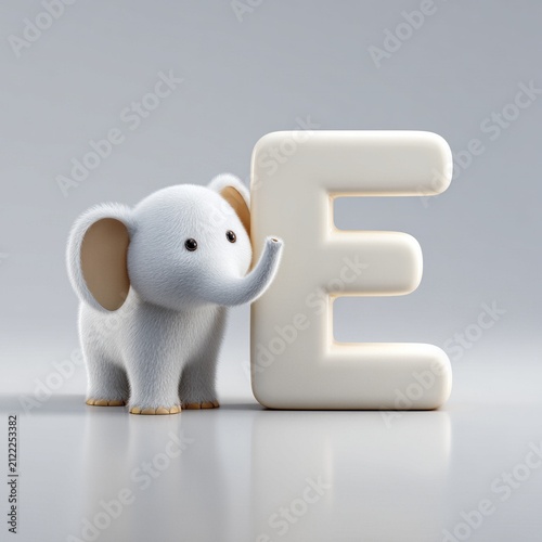 Cute Baby Elephant Next to Large Letter E Isolated White Background