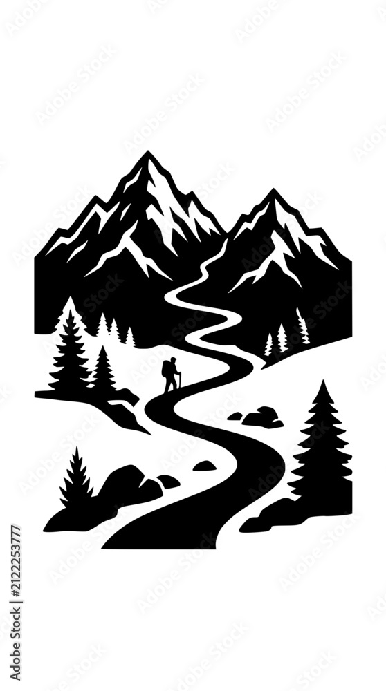 Obraz premium Mountain Hiker Silhouette Landscape Illustration with Winding Path