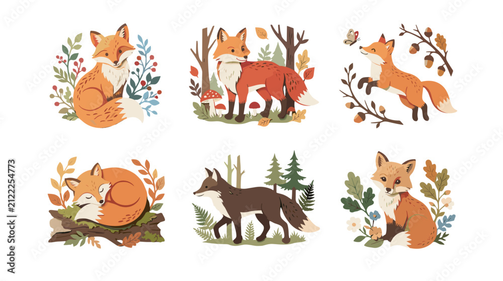 Obraz premium Set of six cute woodland animal illustrations including fox squirrel deer and wolf