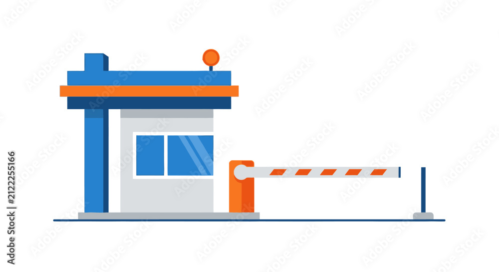 Obraz premium Flat Vector Illustration of a Security Checkpoint Booth with Automatic Barrier Gate for Parking Access and Traffic Control