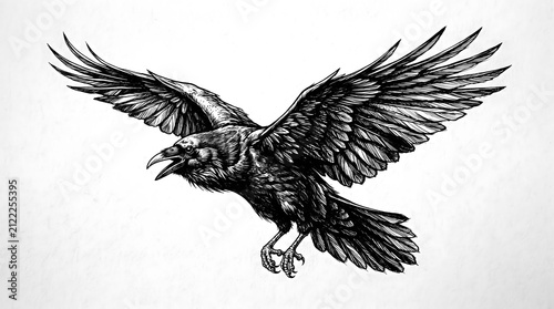 Black raven with outstretched wings in an aggressive pose, detailed feather illustration with textured background.