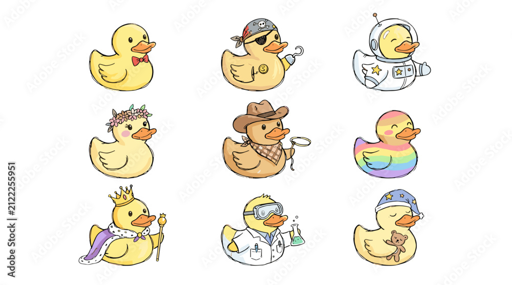 Fototapeta premium Collection of cute cartoon duck characters in various costumes and playful poses