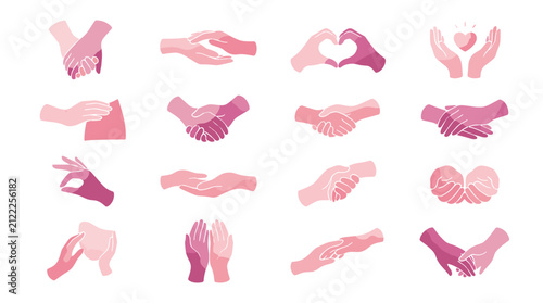 Collection of pink and purple hands in various gestures and positions