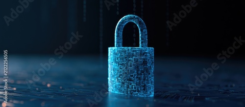 Digital padlock composed of glowing blue binary code on a dark circuit board