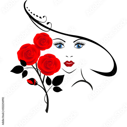 Portrait of a girl with blue eyes and a bouquet of red roses..eps