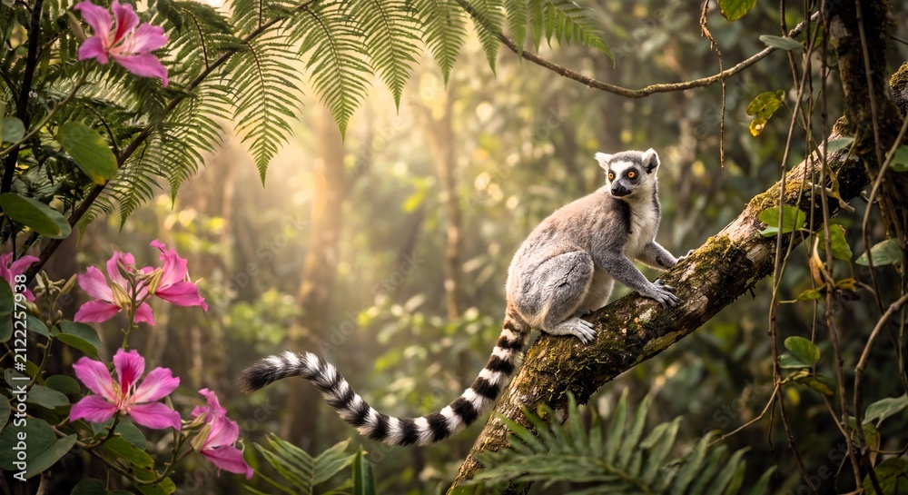 Obraz premium Ring-tailed Lemur on Tree Branch in Tropical Forest