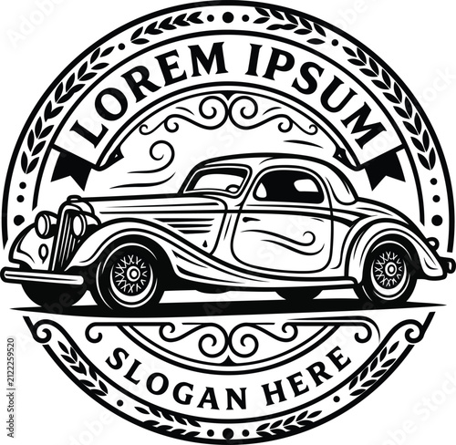 Classic vintage car emblem design with ornate floral swirl patterns and decorative ribbons in circular badge format for luxury automotive restoration service brand.