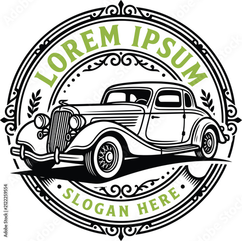 Antique vintage car logo template with circular decorative frame and elegant swirl motifs for classic vehicle club or automotive restoration service business brand.